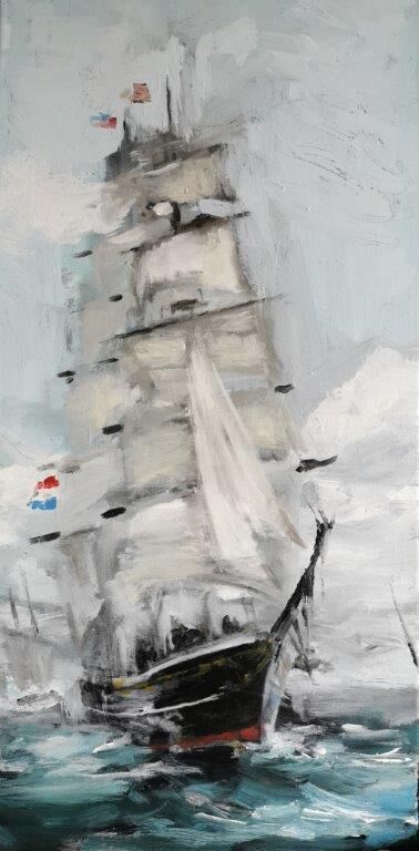 Original Gemälde Meer: Segelschiff von Clemens Groth, 2022, Acryl auf Hartfaser, 30x100cm