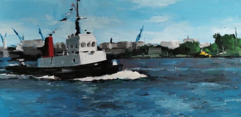 Ölgemälde Meer: Hamburger Hafen 2 - Stadtansichten von Clemens Groth, 2023, Acryl auf Holz, 60x45cm