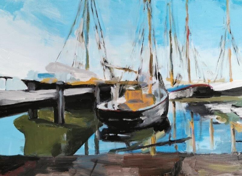 Original Gemälde Meer: Hafen Glückstadt - Maritime Kunst von Clemens Groth, 2023, Acryl auf Leinwand, 40x70cm