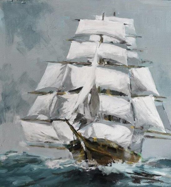 Original Ölgemälde Meer: Segelschiff auf hoher See - Maritime Kunst von Clemens Groth, 2025, Acryl auf Holz, 40x50cm. Handgemaltes Original aus Stade.