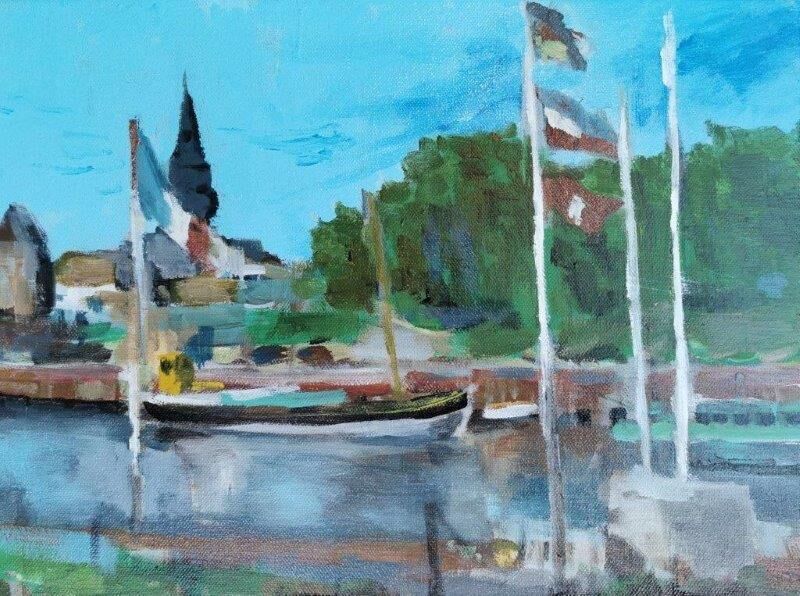 Original Gemälde Meer: Stade Hafen mit Schiffen - Maritime Stadtansicht von Clemens Groth, 2025, Acryl auf Leinwand, 30x40cm. Original Kunstwerk.